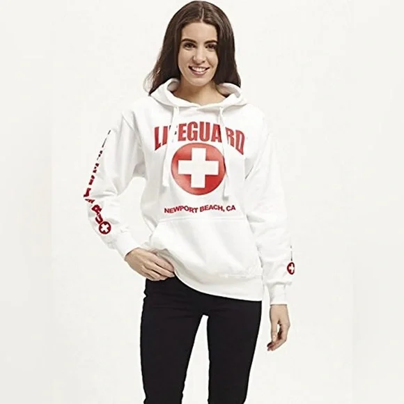 Lifeguard Officially Licensed Newport Beach CA Unisex White Red Hoodie EUC Small - Picture 2 of 12